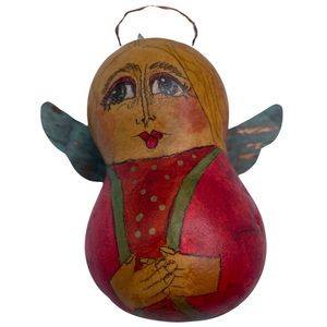 Hand Painted Gourd Angel Ornament Folk Art by Karenlee Spencer 1991